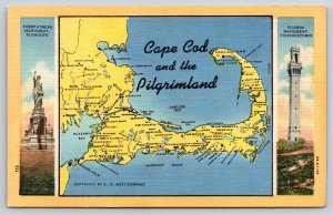 Cape Cod Massachusetts~Pilgrimland Map~Forefathers Monument~Linen 1940s Postcard