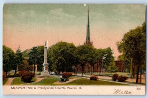 Warren Ohio Postcard Monument Park Presbyterian Church PCK c1907 Vintage Antique