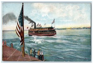 1908 Off Butler Street Dock Steamer US Flag People Port Huron Michigan Postcard