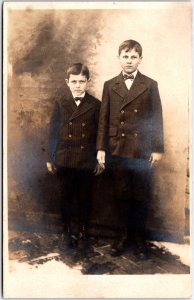 Two Young Boys Sunday Formal Suit and Bowtie Portrait - Vintage Postcard