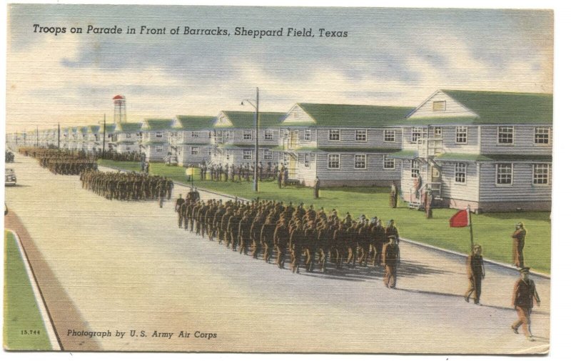 Postcard Military Troops On Parade Front Barracks Sheppard Field TX