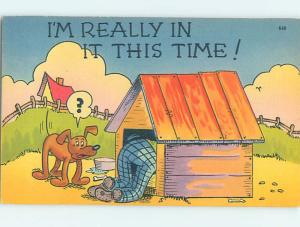 Linen comic DOG WATCHING MAN IN HIS DOGHOUSE HJ2001@