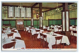 1912 Interior View Pure Food Lunch Restaurant Des Moines Iowa IA Posted Postcard