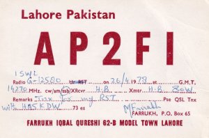 Model Town Lahore Pakistan QSL Radio Card