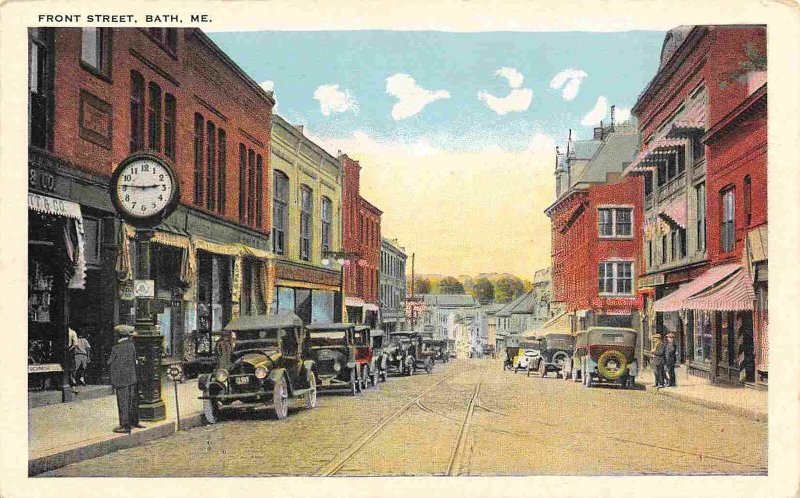 Front Street Sidewalk Clock Cars Bath Maine 1920c postcard