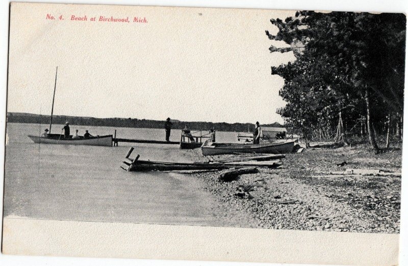 c1910 BIRCHWOOD Michigan Mich Postcard BEACH Boat Dock People