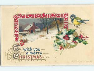 Pre-Linen christmas BLUE AND YELLOW BIRD ON BRANCH & HOUSE IN THE SNOW HL0411