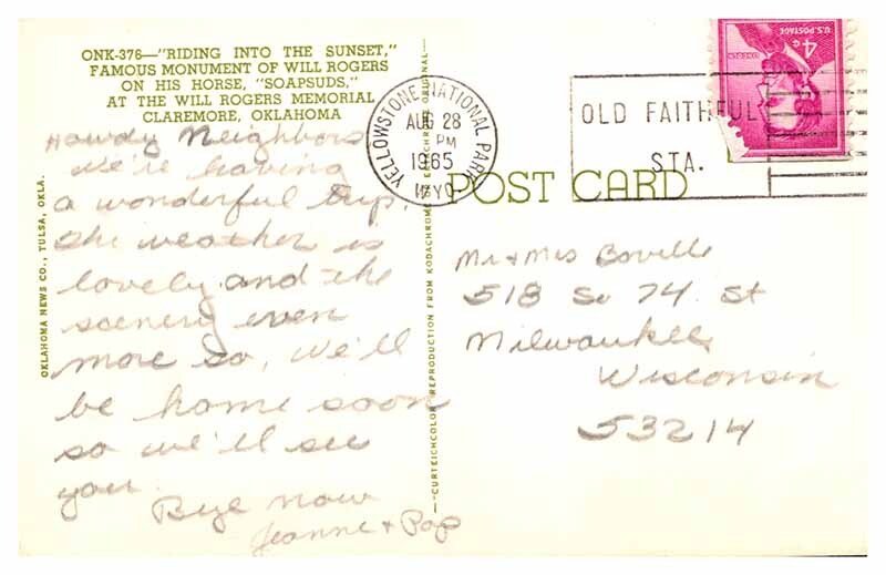 Postcard MONUMENT SCENE Claremore Oklahoma OK AT9239