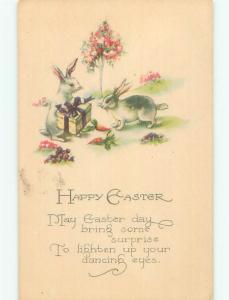 Unused Pre-Linen easter HUMANIZED BUNNY RABBIT GIVES GIFT TO ANOTHER BUNNY J2021
