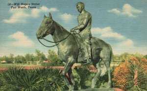 Vintage Postcard 1930's Will Rogers Statue Fort Worth Texas Civic Center