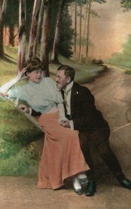 Vintage Postcard 1910's Man and Woman in Love Sitting in Tree Lined Meadow