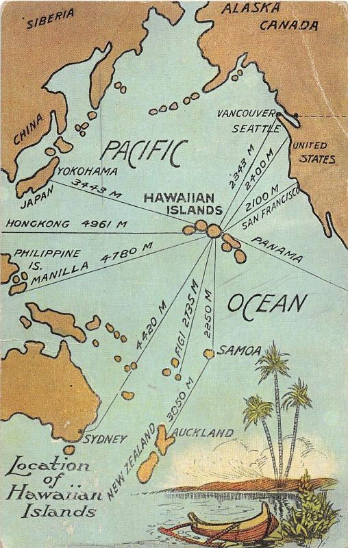 Map Hawaii Pacific Ocean Travel Routes 1920s postcard