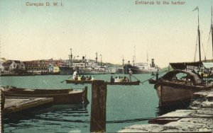 curacao, D.W.I., WILLEMSTAD, Entrance to Harbour, Steamers (1920s) Postcard (2)