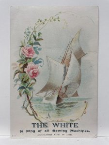 Victorian White Sewing Machine Trade Card Sail boat with Floral Border