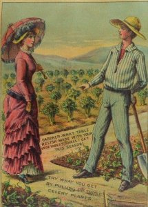 1880's Farm Scene Gardner Celery Plants Seeds Lady Parasol Table Relish P52