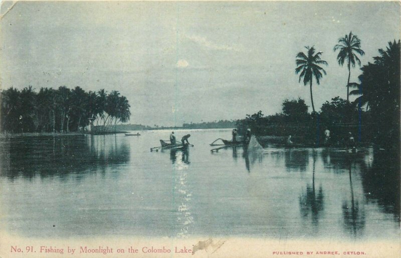 Sri Lanka Ceylon fishing by moonlight on the Colombo lake 1906