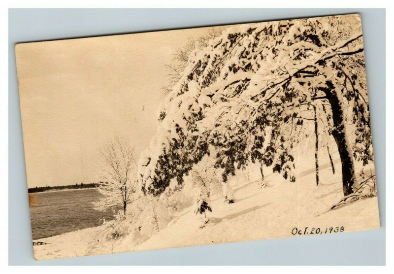 Vintage 1938 RPPC Postcard - Snowy Lakeside Landscape - Beautiful