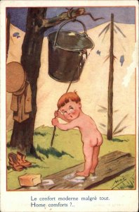 Mae WWI French Little Boy Soldier Bare Butt Nude Vintage Postcard