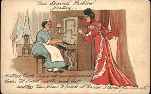 Woman Discovers Maid Playing Piano Classist c1910 Vintage Postcard