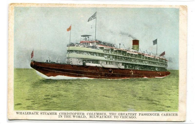 Christopher Columbus Whaleback Steamer Chicago Milwaukee 1907c postcard 