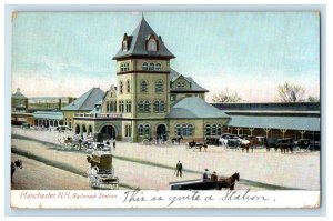 c1910's Manchester NH, Railroad Train Station Depot Horse And Buggy Postcard