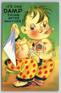 Comic Pun~One Damp Thing~Father Changing Babies Diaper~Polka Dots~1940s PC