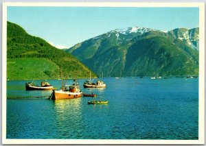 Norway View From The Sognefjord Boats Ships Mountain Postcard