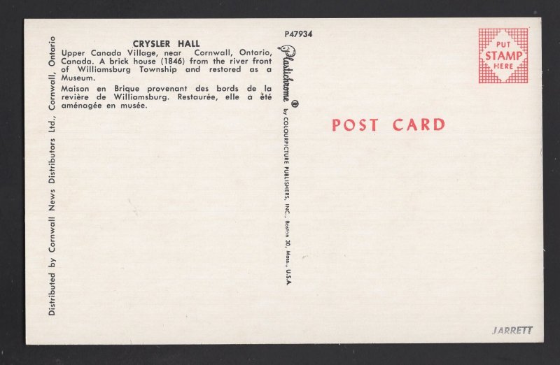 Ontario CORNWALL Upper Canada Village Crysler Hall Brick House (1846) ~  Chrome