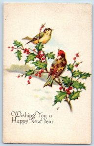 New Year Postcard Song Birds And Holly Berries Keene NH 1928 Posted Vintage