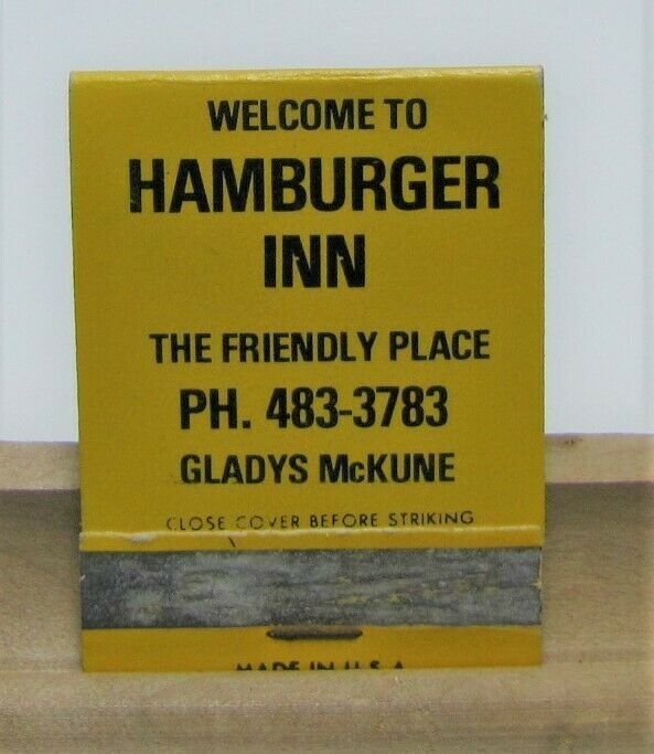 HAMBURGER INN The Friendly Place Gladys McKune Vintage Matchbook Cover 