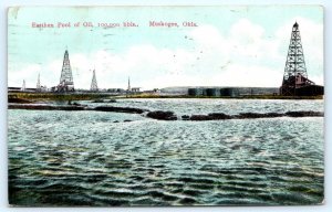 MUSKOGEE, Oklahoma OK ~ Oil Wells EARTHEN POOL of OIL 1914 Postcard