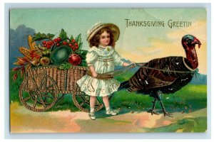 c.1910 Turkey Pulling Cart Girl Thanks Giving Vintage Postcard F50