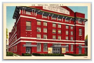 Textile Hall Building Greenville South Carolina SC UNP Linen Postcard V12