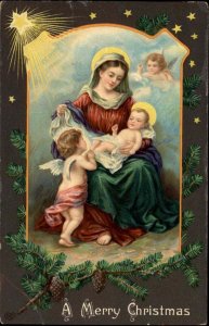 EAS Christmas Baby Angel with Mary and Baby Jesus Gel c1910 Vintage Postcard