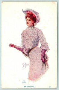 St John~Promenade~Lovely Lady Redhead in Lacy Lavender Gown~#104~1908 Postcard