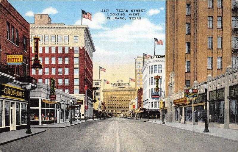 El Paso TX~Texas Street (West)~Emerson Hotel~Belk & Co~Tower Drug Co~Clock~1940s