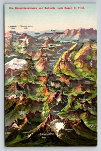 Dolomitenstrasse Toblach to Bozen Tirol Panorama Map Vintage Postcard
