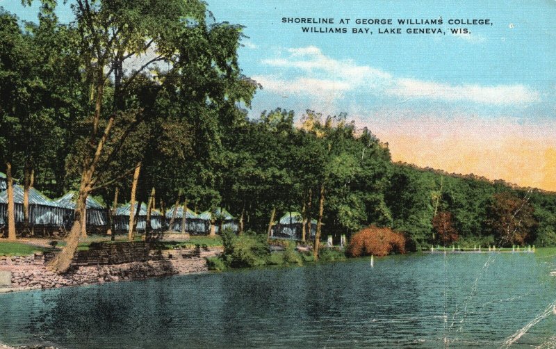 Vintage Postcard 1948 Shoreline at George Williams College Bay Lake Geneva Wis.