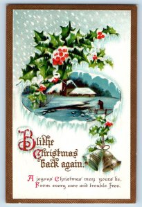 Christmas Postcard Holly Berries Bells Winter Scene Clapsaddle Embossed c1910's