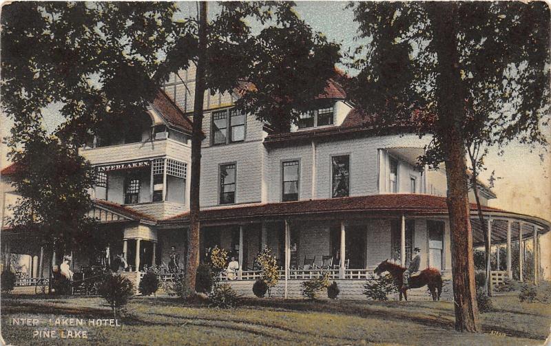 Pine Lake Michigan~Inter-Laken Hotel~People on Porch~Horseback Rider~1910 Pc