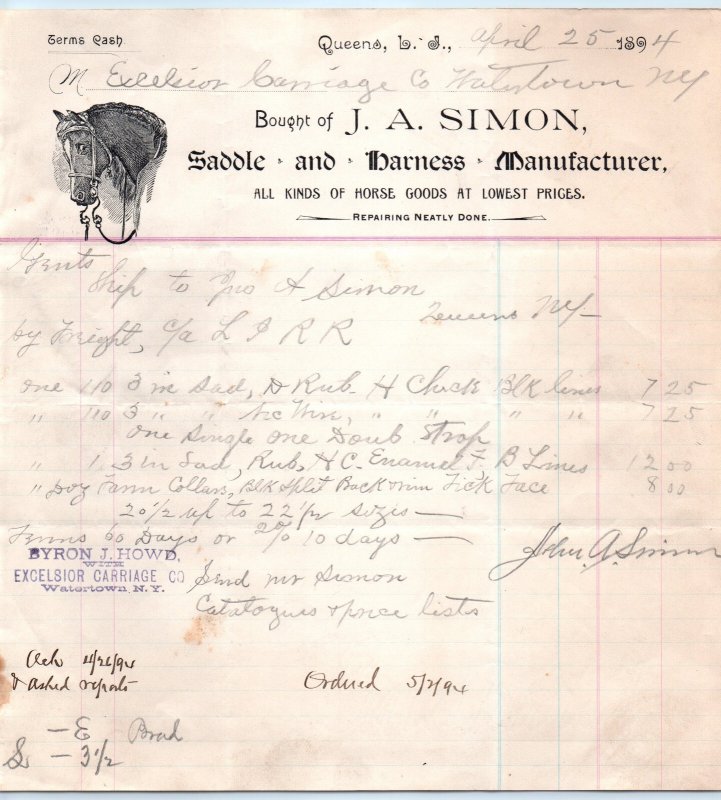 New York Queens NY Horse Simon Saddle Maker Letterhead