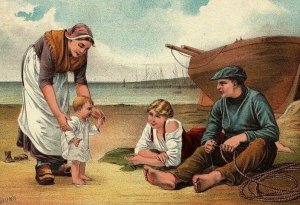 Coffee Trade Card Victorian McLaughlin's First Steps Family On The Beach & Boat