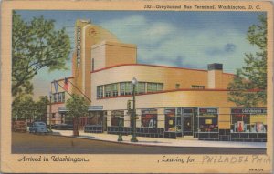 Postcard Greyhound Bus Terminal Washington DC Leaving for Philadelphia 1945