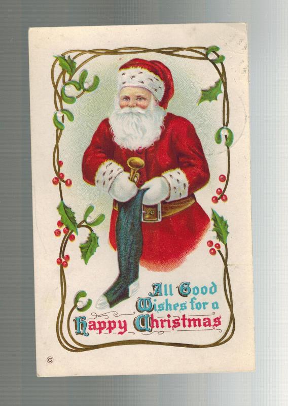 1913 Maine Postcard Cover Happy Christmas Santa Claus with Stocking and Bell