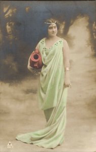 Jugendstil Woman Green Dress RPPC Vintage Postcard 06.41