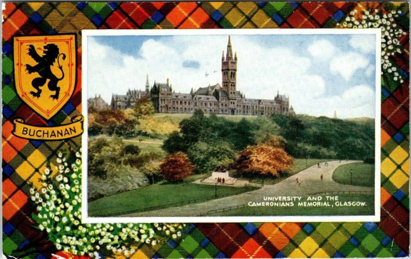 VINTAGE POSTCARD UNIVERSITY AND THE COMMONS MEMORIAL AT GLSGOW SCOTLAND 1960s