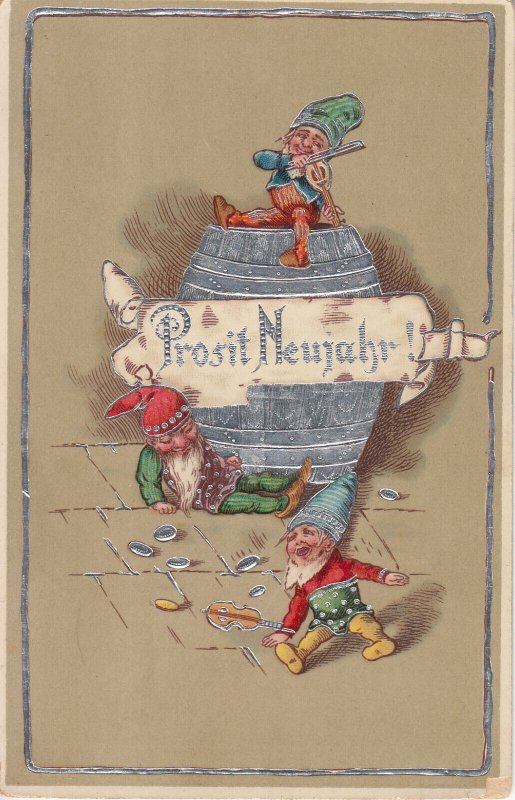 New Year musical drunk dwarfs fantasy greetings postcard Austria 1915