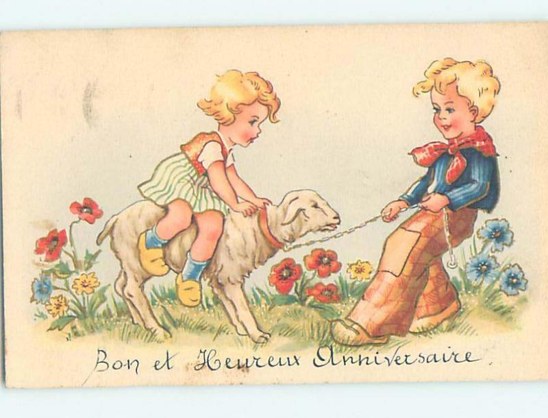 Pre-1980 foreign FRENCH GIRL RIDES ON BABY LAMB PULLED BY BOY J5246