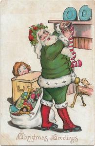 Green Santa Claus Christmas Vintage postcard Embossed 01.87