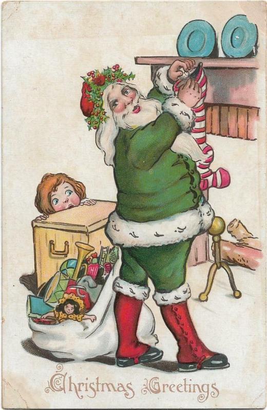 Green Santa Claus Christmas Vintage postcard Embossed 01.87